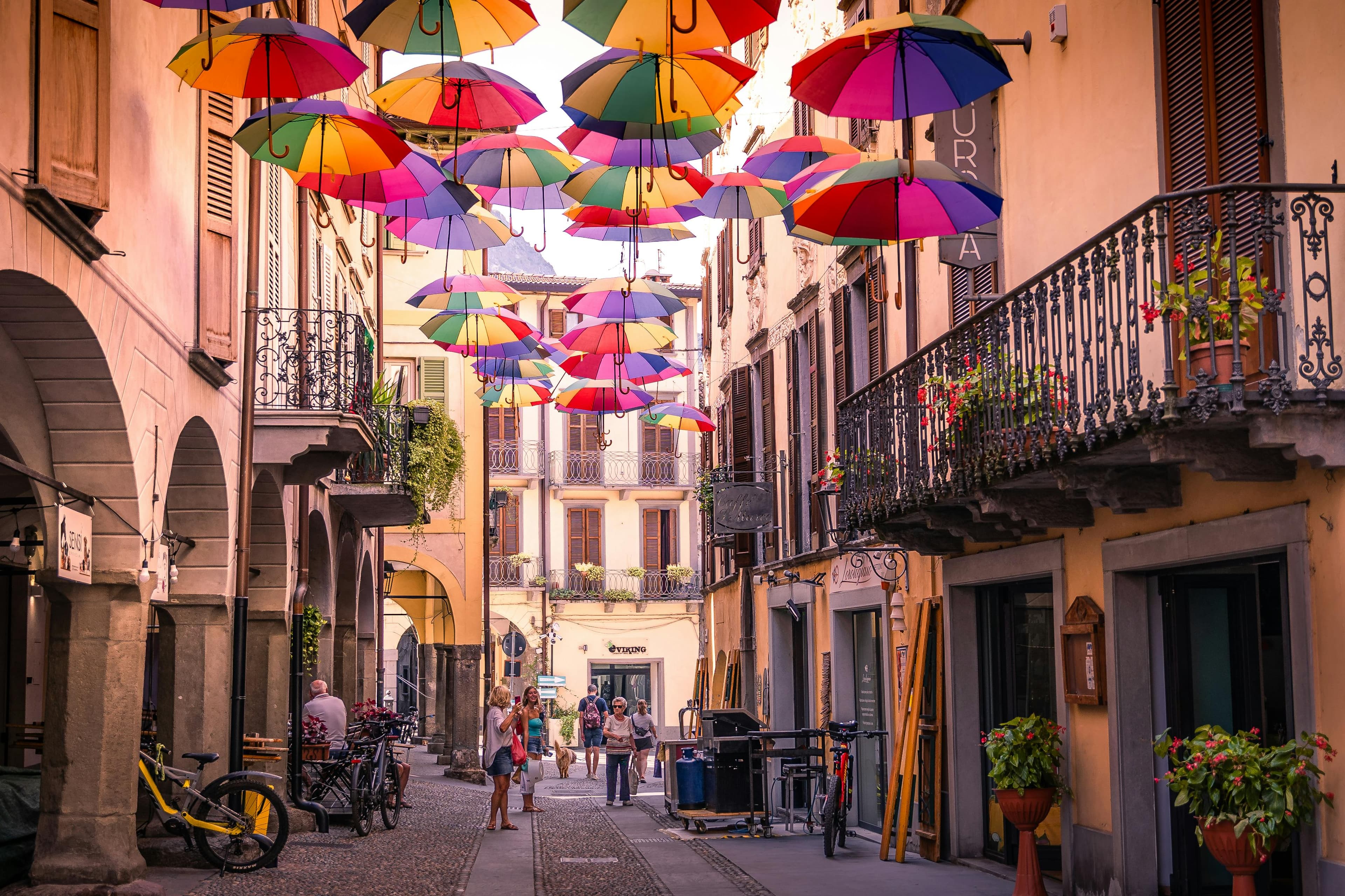 Colorful street with umbrellas